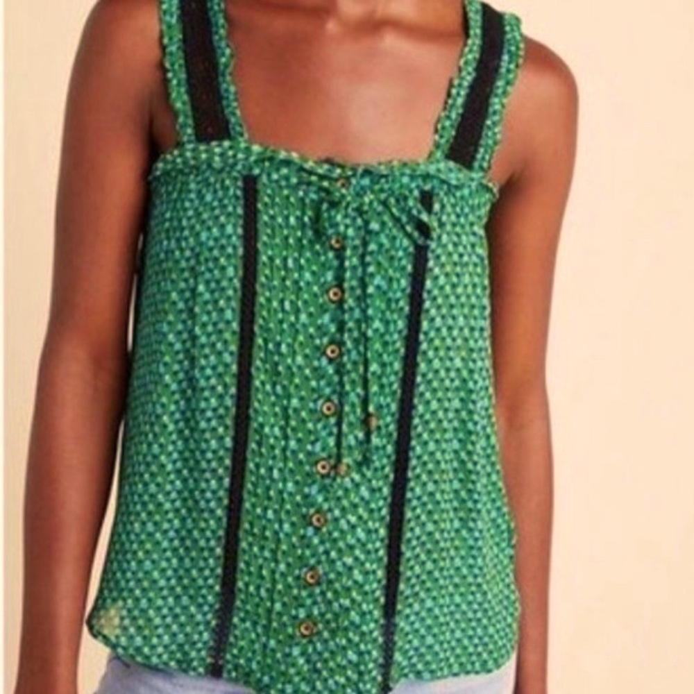 Anthropologie Green Patterned Tank Top with Black Trim